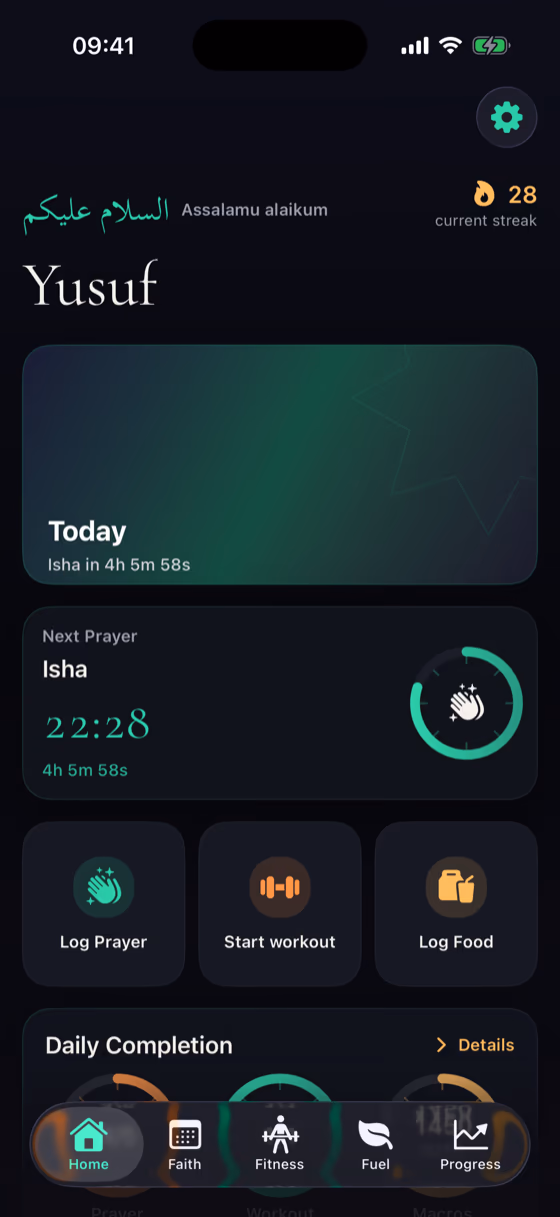 Zidni daily overview with prayer, training, and meals